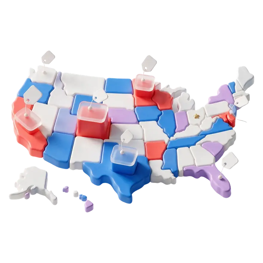 Stylized map of the United States highlighting state-by-state LLC filing differences