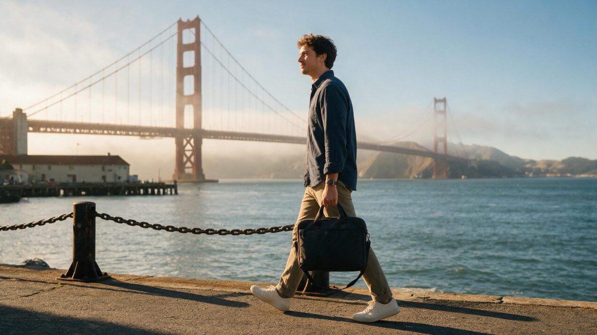 Founder walking along the San Francisco waterfront by the Golden Gate Bridge, California LLC guide