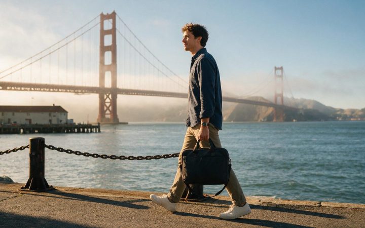 Founder walking along the San Francisco waterfront by the Golden Gate Bridge, California LLC guide