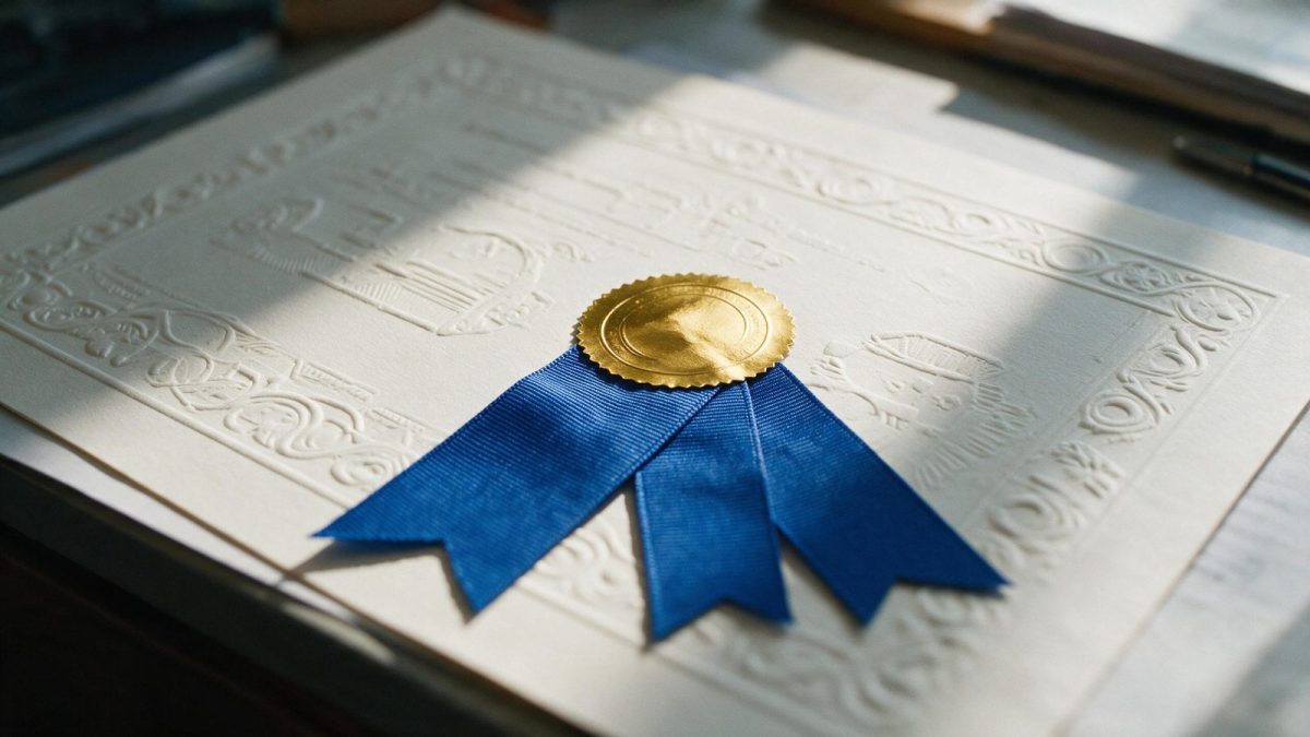 Embossed certificate with a gold seal and blue ribbon, certificate of good standing