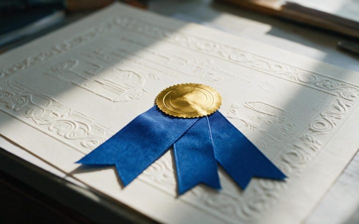 Embossed certificate with a gold seal and blue ribbon, certificate of good standing