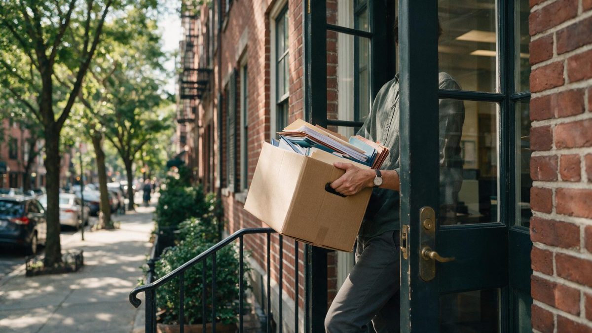 Person carrying a box of files out of a brick office, how to change a registered agent