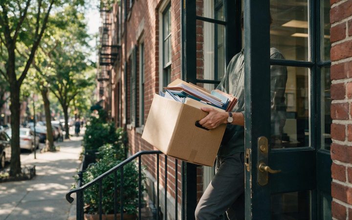 Person carrying a box of files out of a brick office, how to change a registered agent