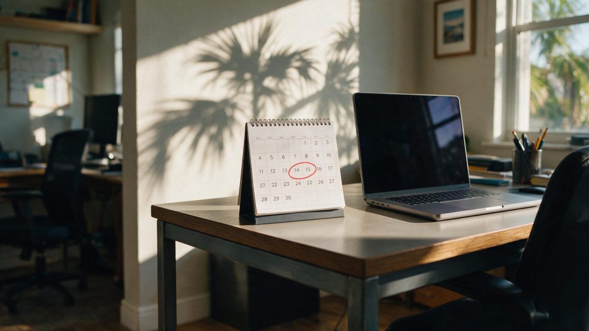 Desk calendar with the May 1 deadline circled in a sunlit Florida office, Florida LLC annual report