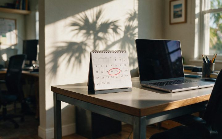 Desk calendar with the May 1 deadline circled in a sunlit Florida office, Florida LLC annual report