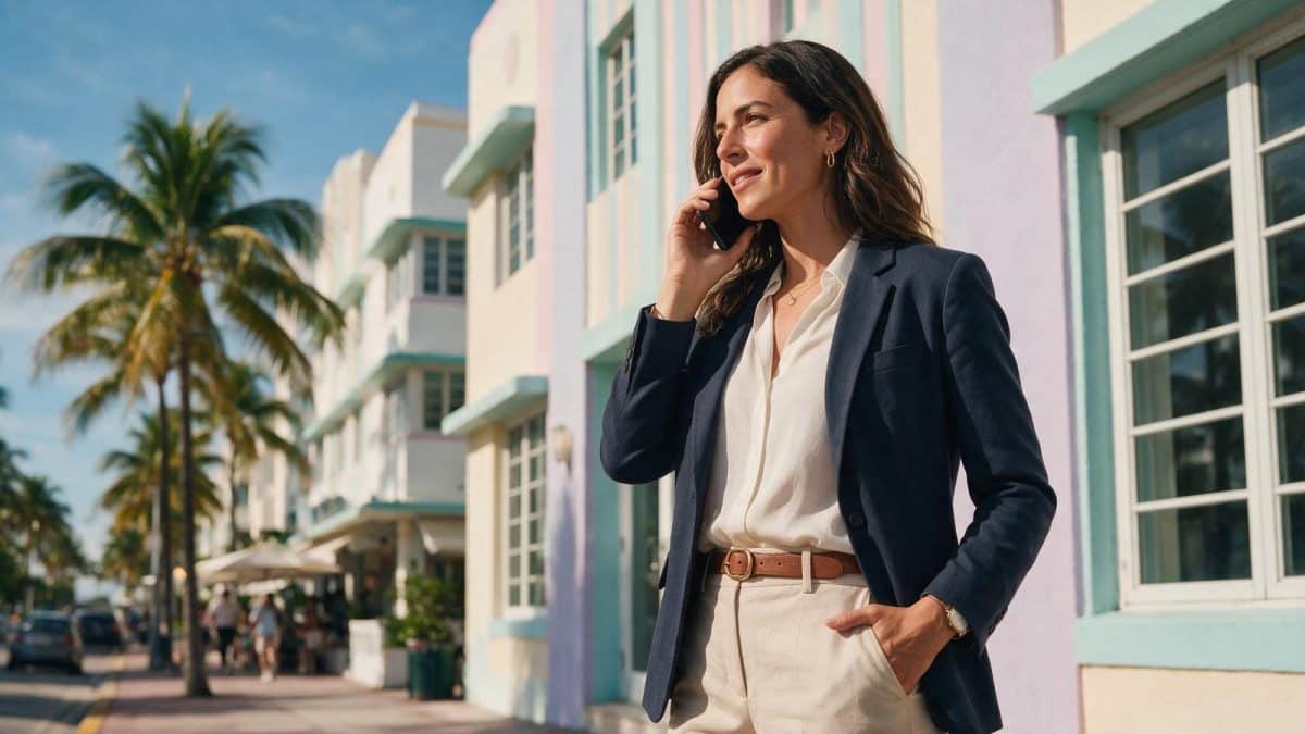 Woman entrepreneur on the phone on a Miami art deco street, Florida LLC guide