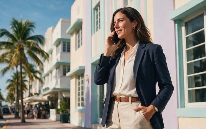 Woman entrepreneur on the phone on a Miami art deco street, Florida LLC guide