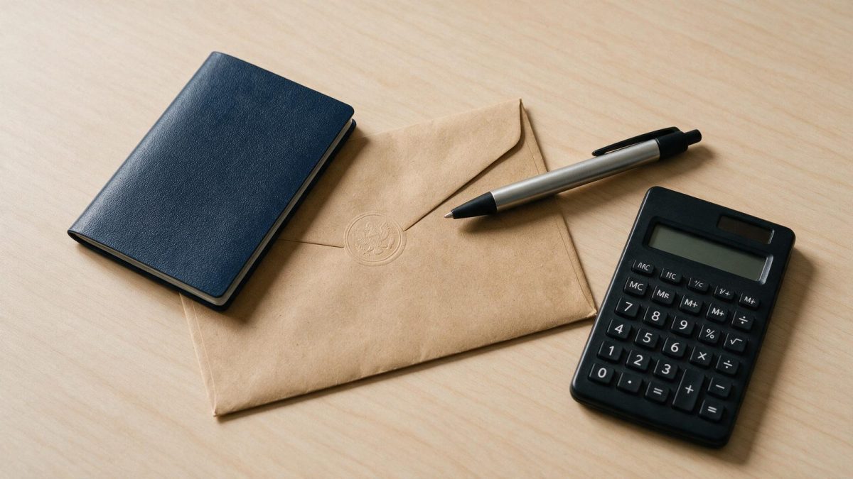 Passport, government envelope, pen and calculator on a desk, Form 5472 guide
