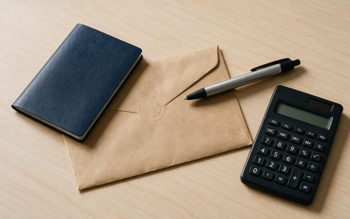 Passport, government envelope, pen and calculator on a desk, Form 5472 guide