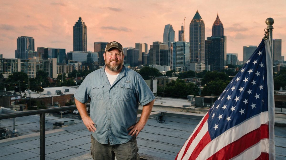 Small business owner on an Atlanta rooftop with the American flag, Georgia LLC guide