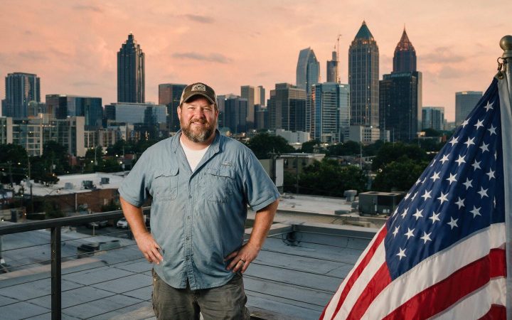 Small business owner on an Atlanta rooftop with the American flag, Georgia LLC guide