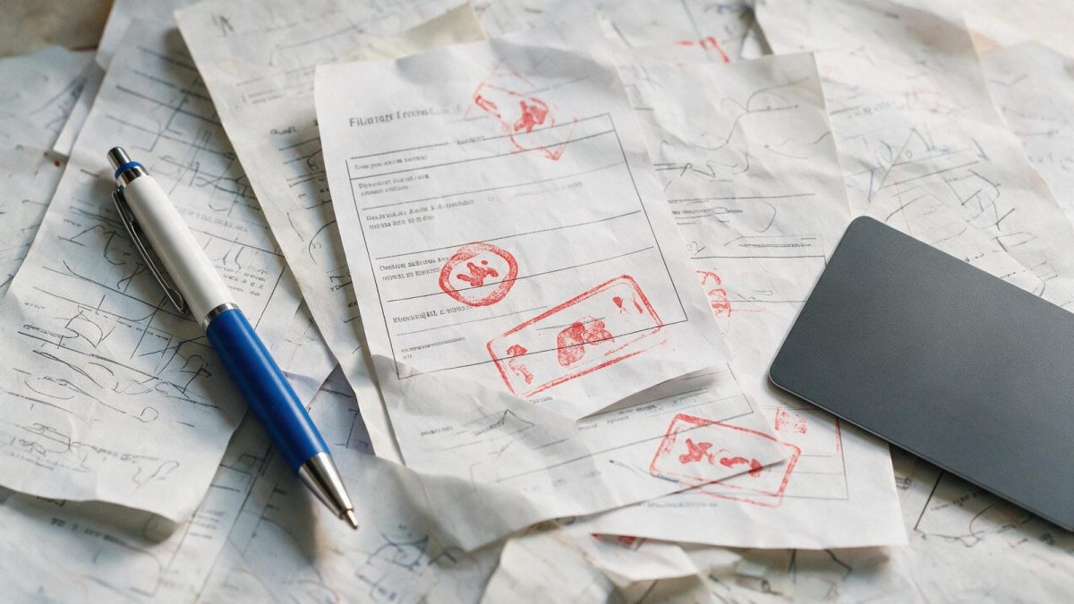 Receipts, credit card and stamped filing confirmations on a desk, how we test
