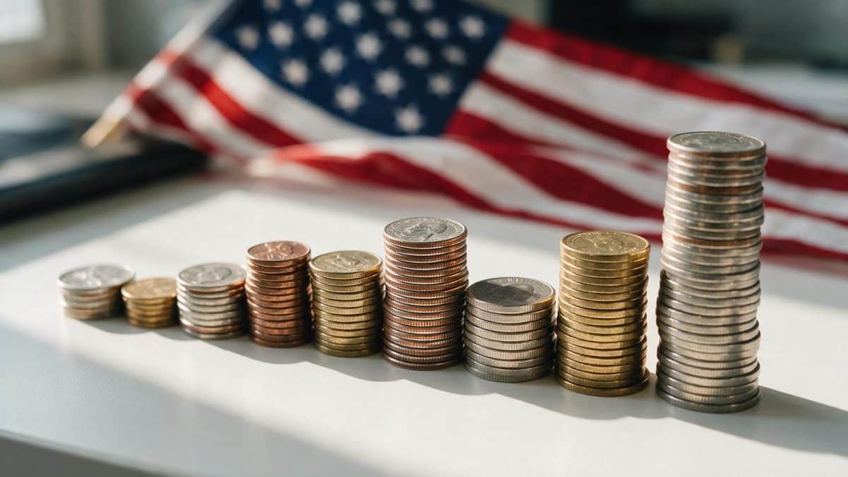 Coin stacks of different heights in front of an American flag, LLC cost by state