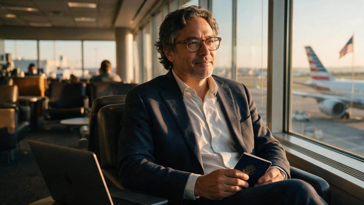International founder with passport and laptop at an airport window, LLC for non-US residents