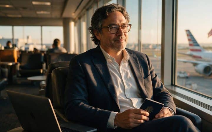 International founder with passport and laptop at an airport window, LLC for non-US residents