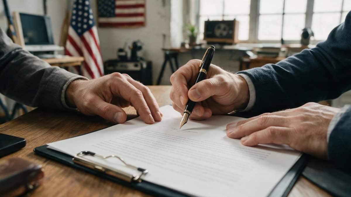 Two business partners signing an LLC operating agreement with a fountain pen