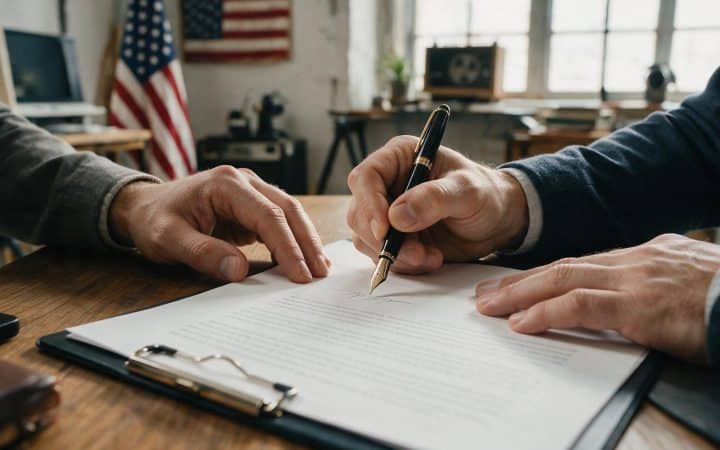 Two business partners signing an LLC operating agreement with a fountain pen