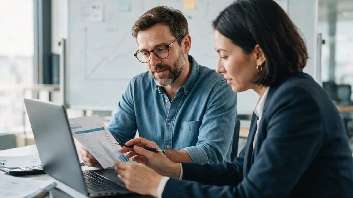 Business owner and accountant reviewing payroll on a laptop, LLC vs S corp