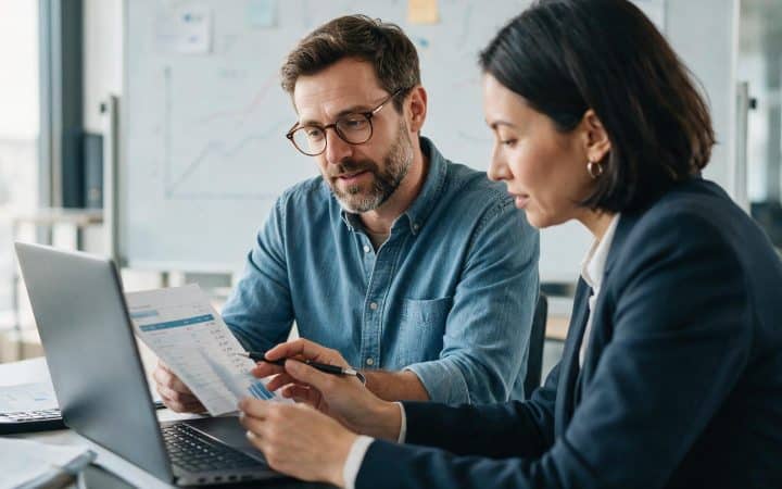 Business owner and accountant reviewing payroll on a laptop, LLC vs S corp