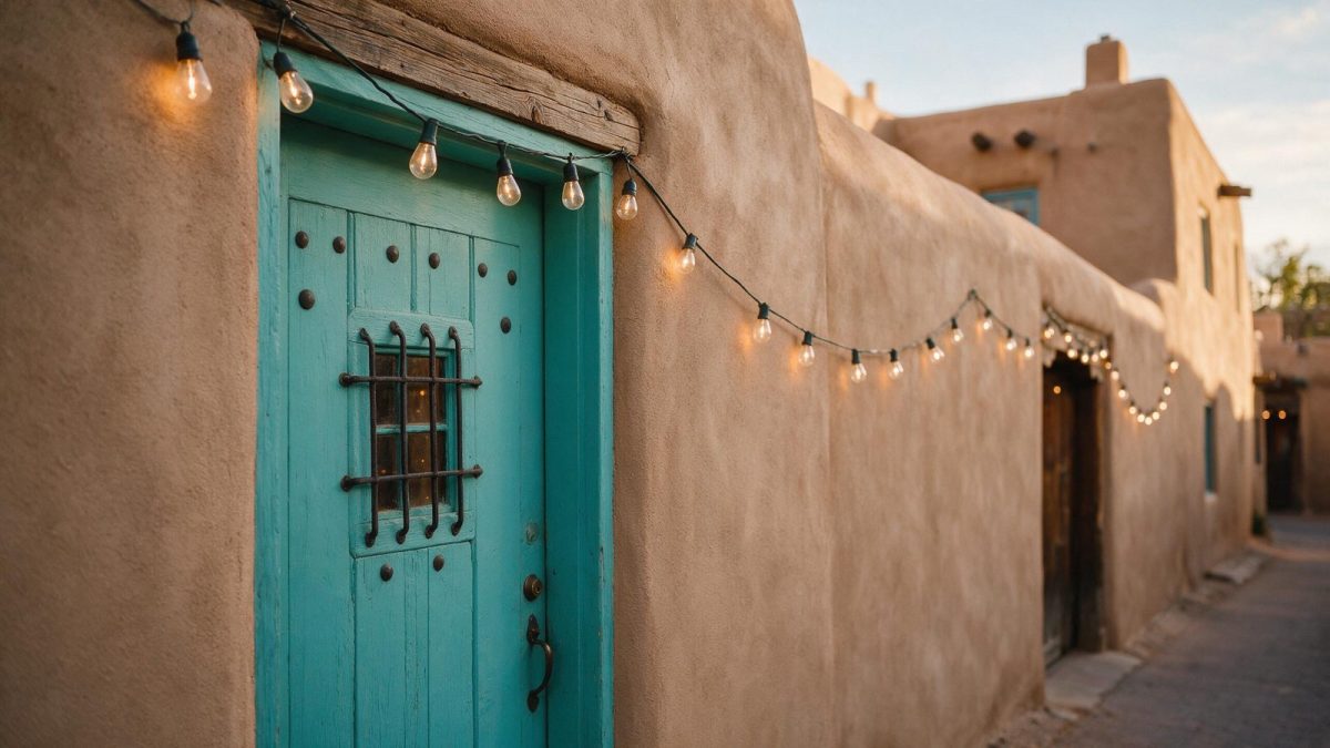 Turquoise door on an adobe street in Santa Fe, New Mexico LLC guide