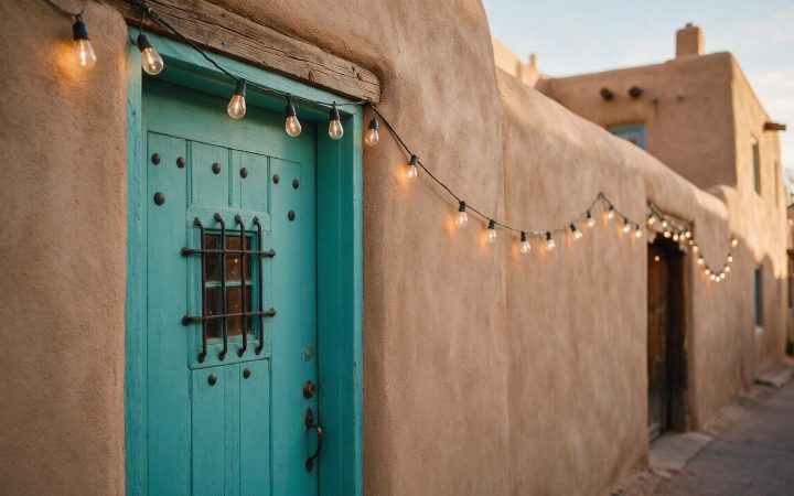 Turquoise door on an adobe street in Santa Fe, New Mexico LLC guide