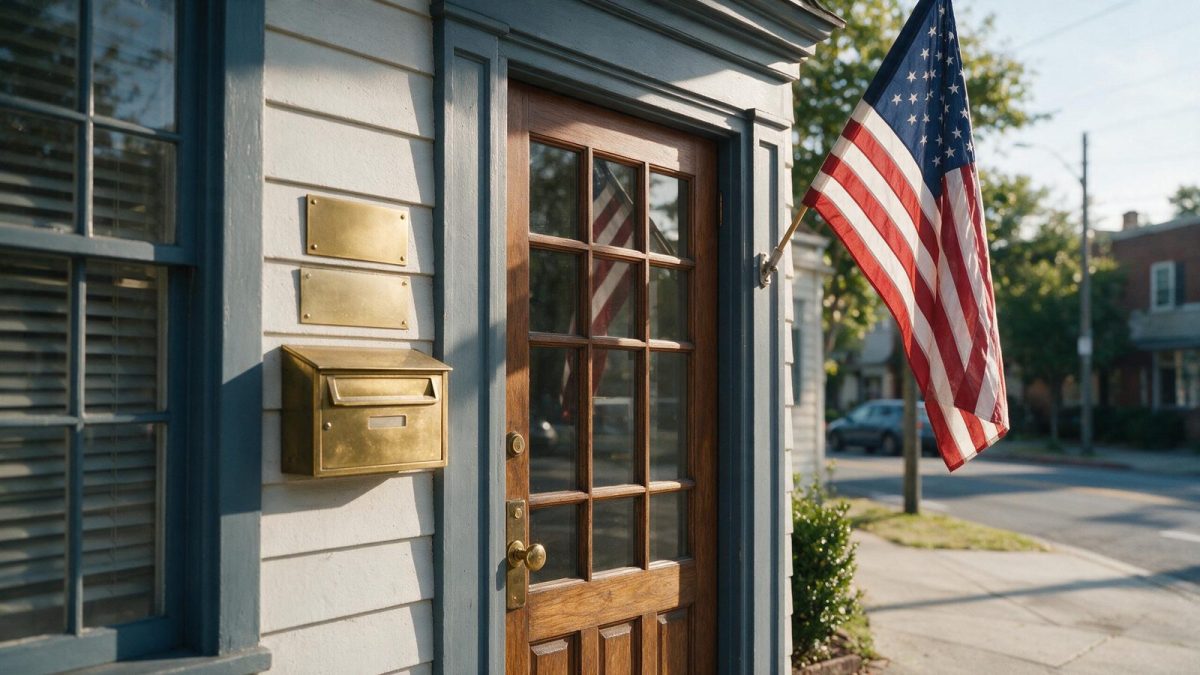 Office door with a brass mailbox and plaque, illustrating what a registered agent is
