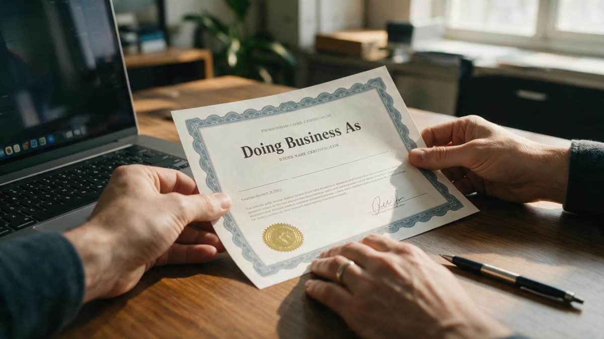 Doing business as (DBA) name registration certificate being filed at a desk