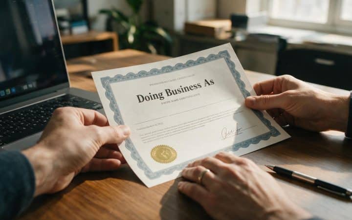 Doing business as (DBA) name registration certificate being filed at a desk