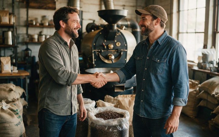 Two co-founders shaking hands in a coffee roastery, single-member vs multi-member LLC
