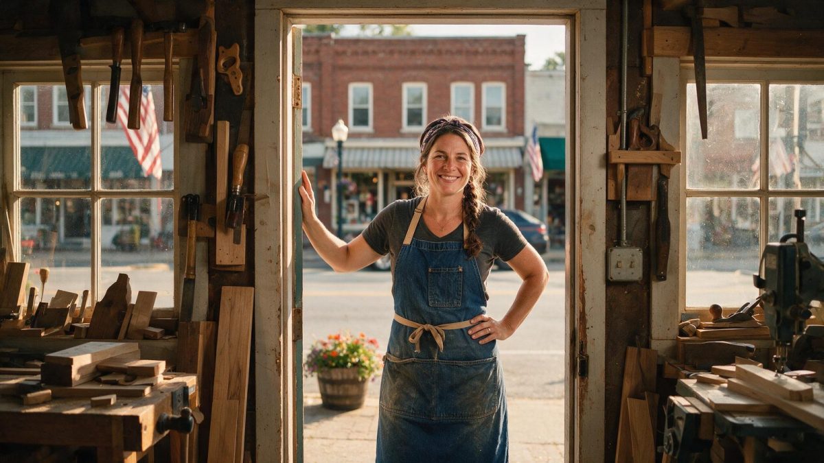 Woman woodworker at the door of her Main Street workshop, sole proprietorship vs LLC