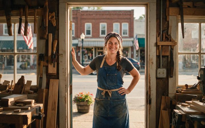 Woman woodworker at the door of her Main Street workshop, sole proprietorship vs LLC