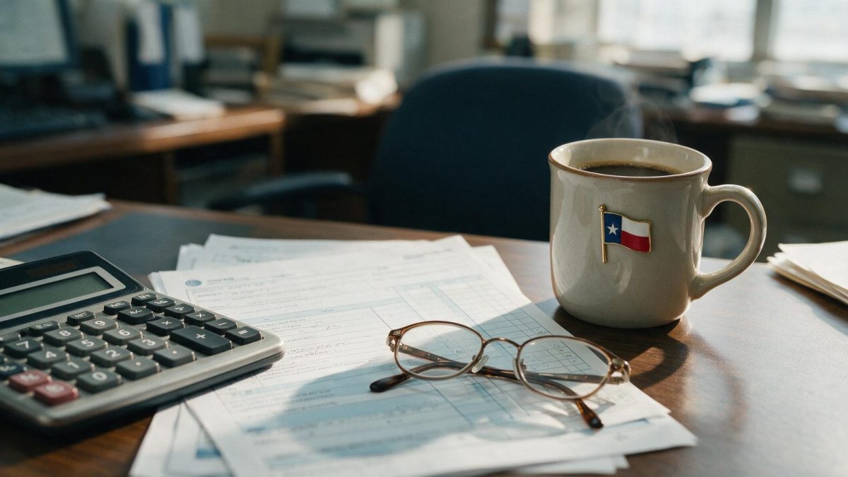 Accountant's desk with calculator and tax forms, Texas franchise tax guide