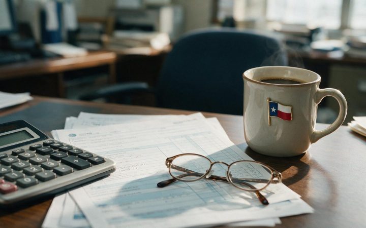 Accountant's desk with calculator and tax forms, Texas franchise tax guide