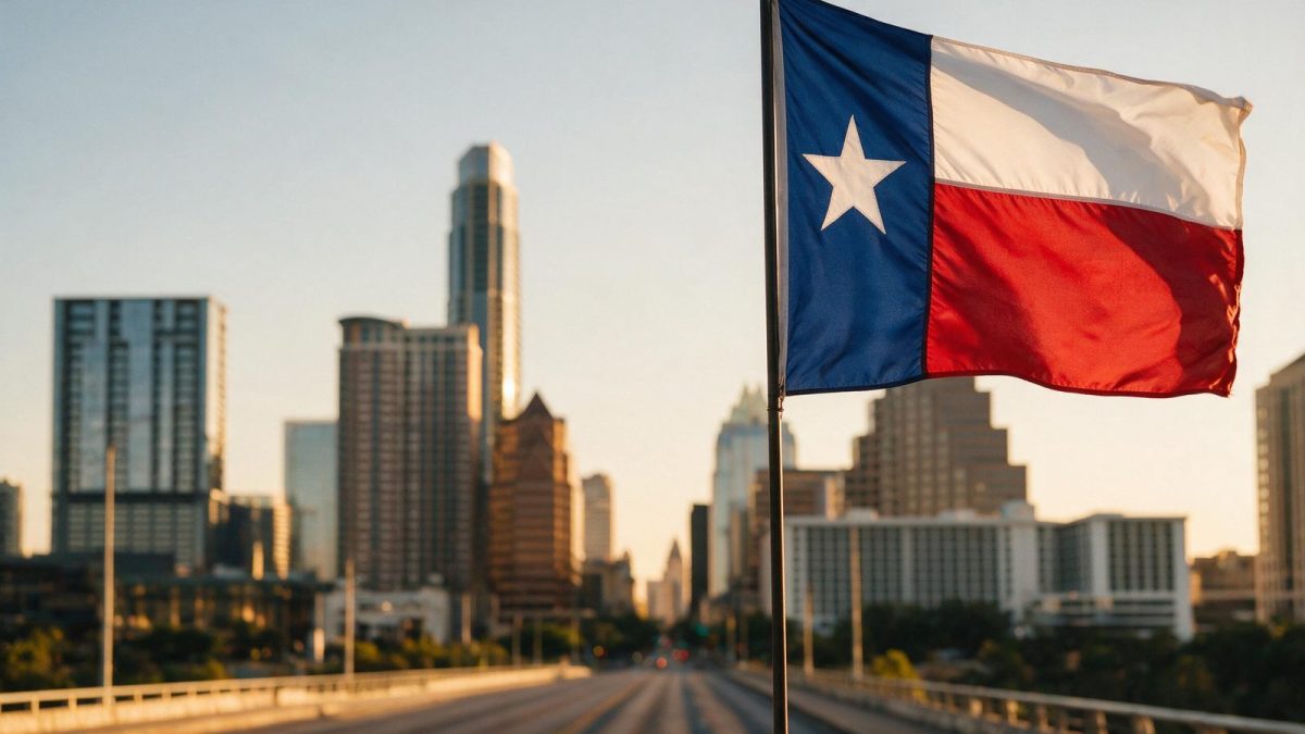 Austin, Texas skyline at golden hour with the Texas flag, illustrating how to start an LLC in Texas