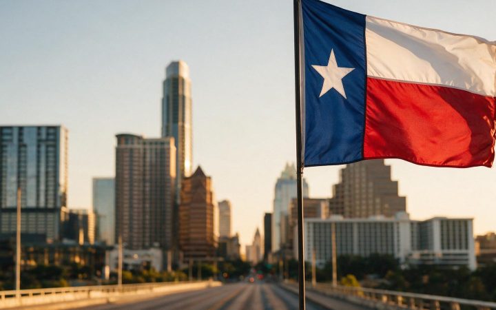 Austin, Texas skyline at golden hour with the Texas flag, illustrating how to start an LLC in Texas