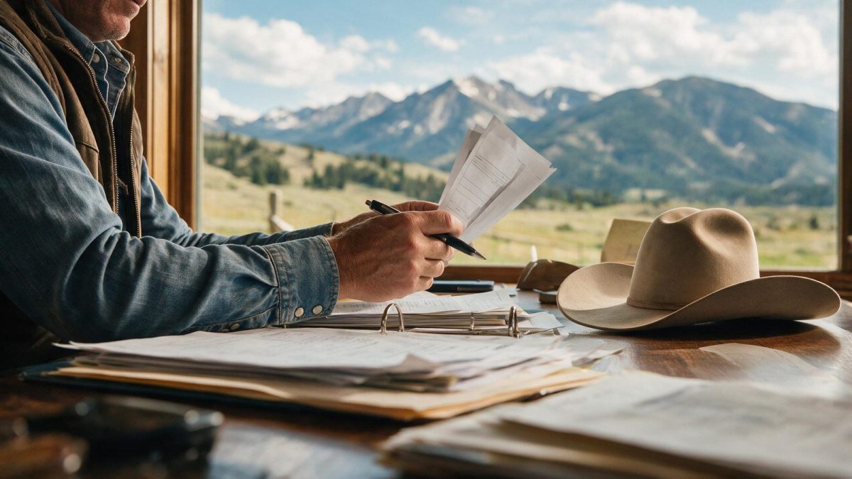Business owner reviewing paperwork with a Wyoming mountain view, Wyoming LLC annual report guide