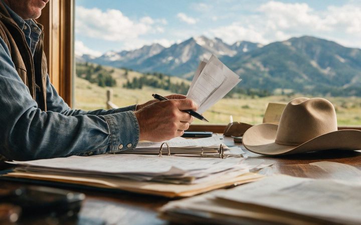 Business owner reviewing paperwork with a Wyoming mountain view, Wyoming LLC annual report guide