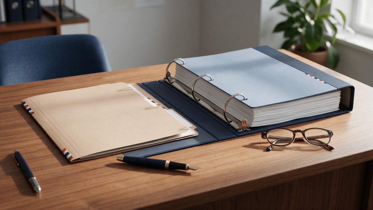 Slim manila folder beside a thick open three-ring binder on a wooden desk with a fountain pen and reading glasses
