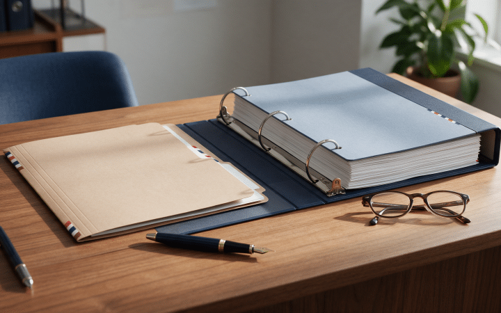 Slim manila folder beside a thick open three-ring binder on a wooden desk with a fountain pen and reading glasses