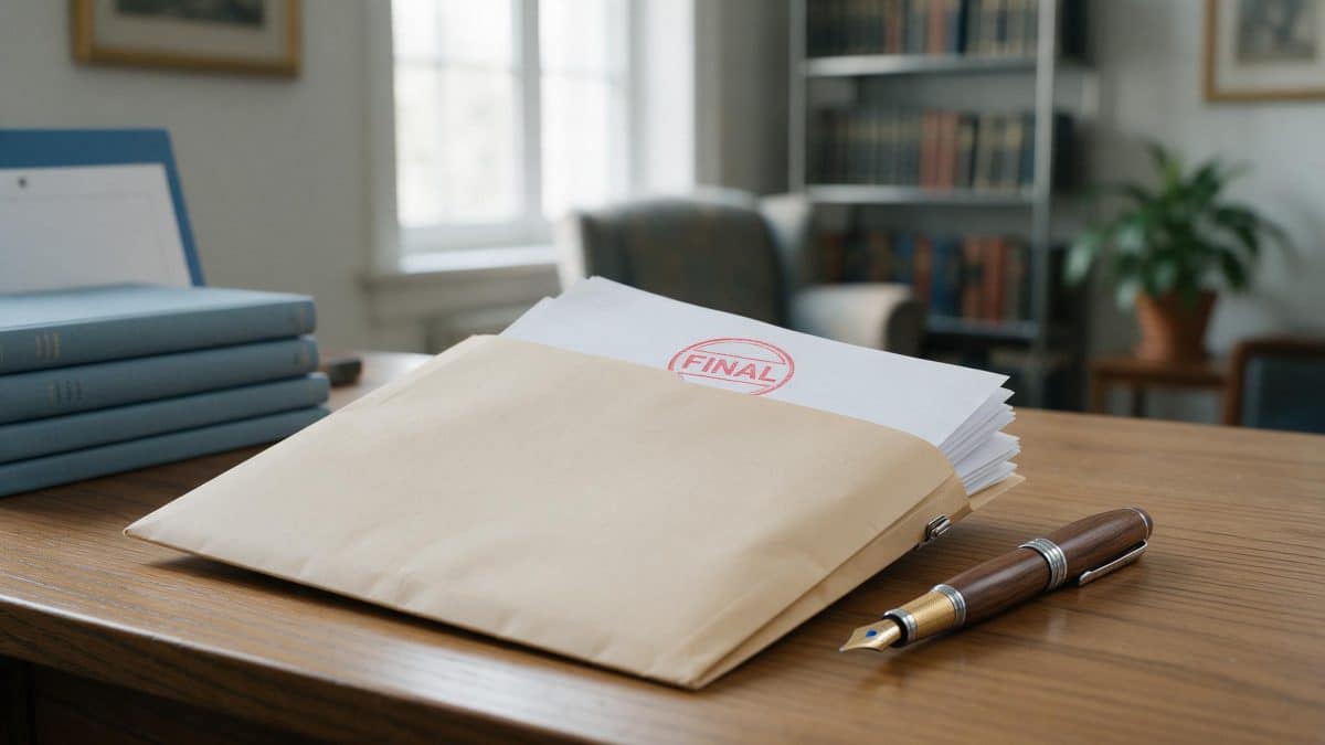 Closed folder of LLC paperwork with a red FINAL stamp on the top document, on a desk