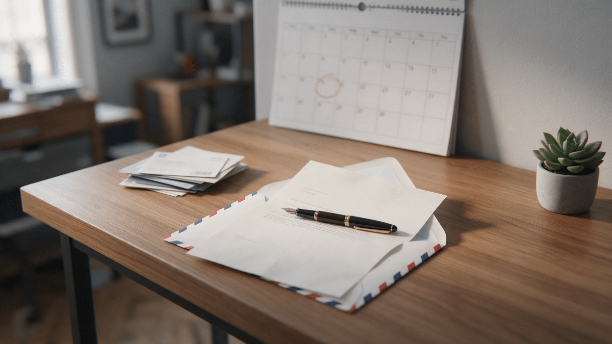 Wall calendar with a date circled in red beside an opened envelope, pen, and stacked mail on a desk