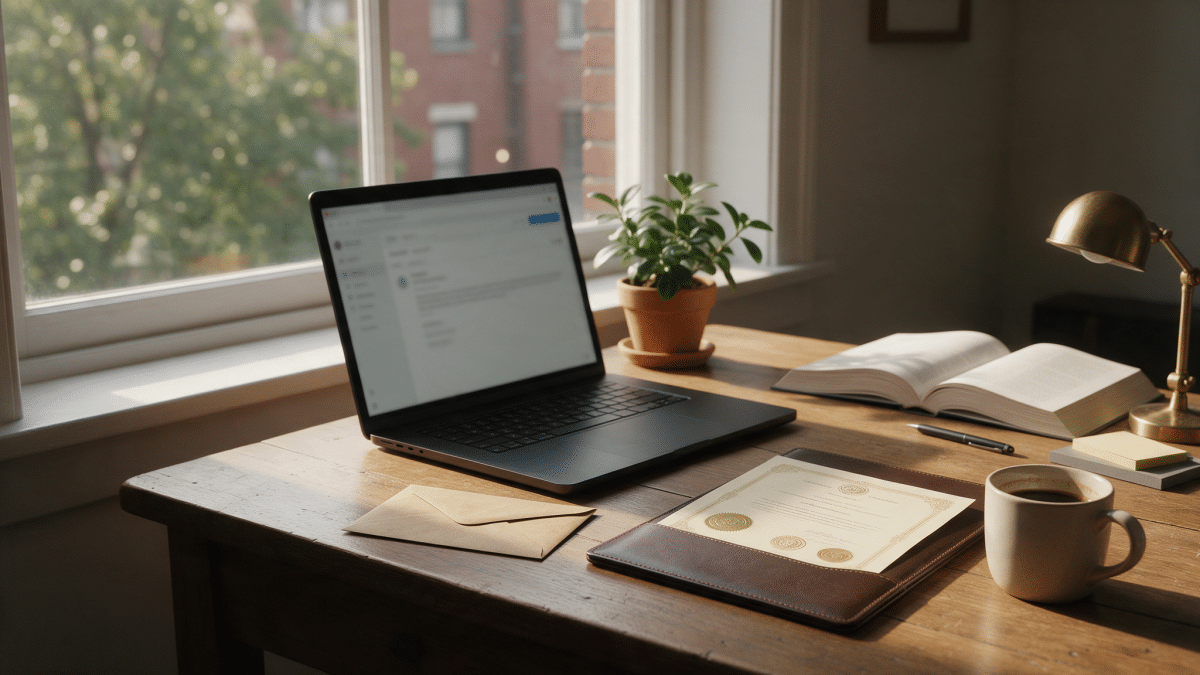 Laptop showing an email next to a manila envelope and a stamped certificate in a folder on a wooden desk by a window