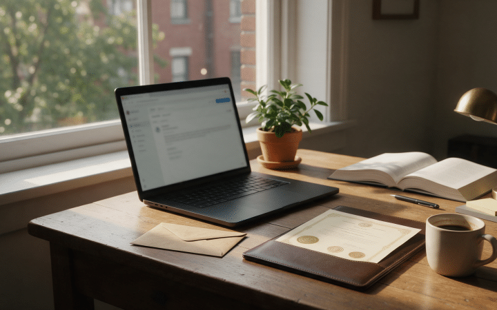 Laptop showing an email next to a manila envelope and a stamped certificate in a folder on a wooden desk by a window