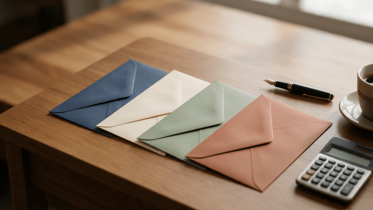 Four sealed business envelopes in different colors lined up on a wooden desk beside a fountain pen and a calculator