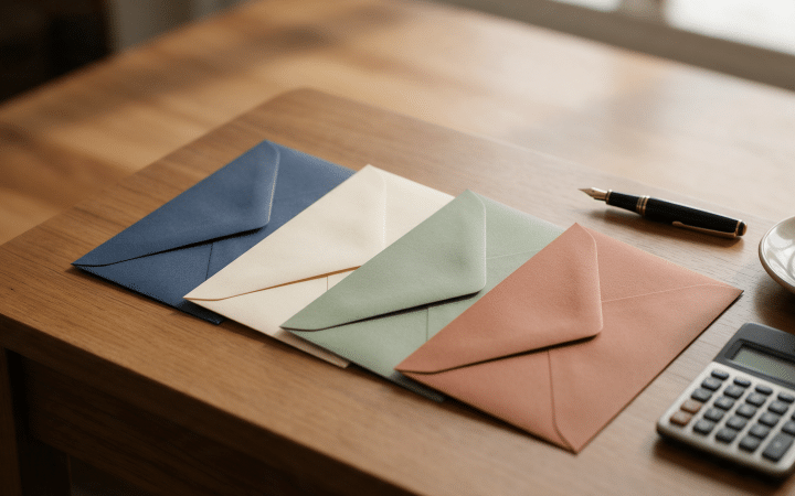 Four sealed business envelopes in different colors lined up on a wooden desk beside a fountain pen and a calculator
