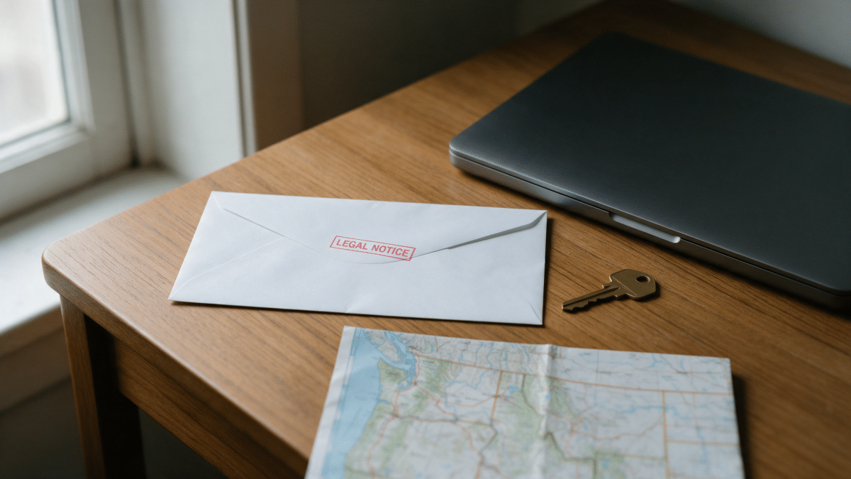 A stamped legal notice envelope on a desk beside a laptop, a house key and a map of the northwestern United States
