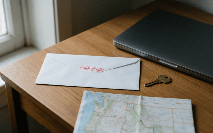 A stamped legal notice envelope on a desk beside a laptop, a house key and a map of the northwestern United States