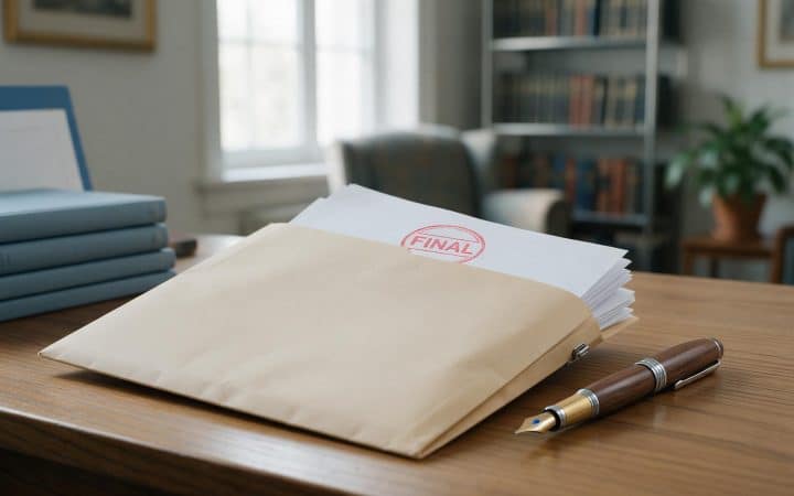 Closed folder of LLC paperwork with a red FINAL stamp on the top document, on a desk