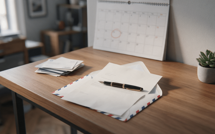 Wall calendar with a date circled in red beside an opened envelope, pen, and stacked mail on a desk