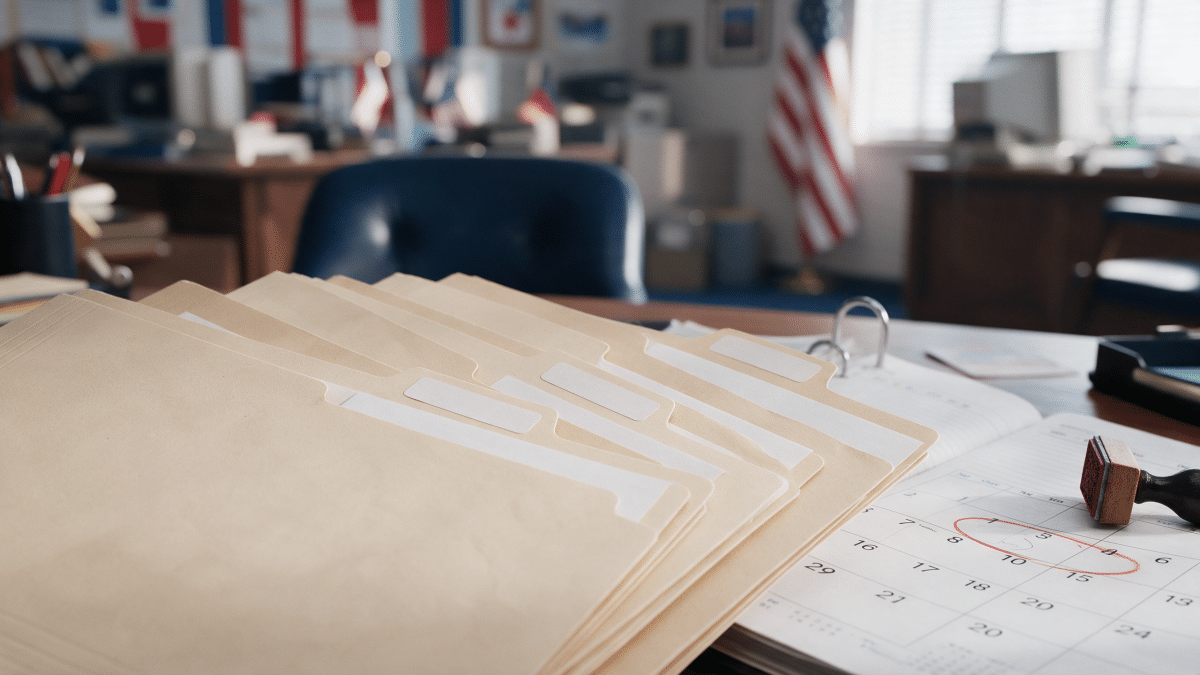 Manila folders with blank tabs fanned across a desk next to a calendar with one date circled in red and a rubber stamp